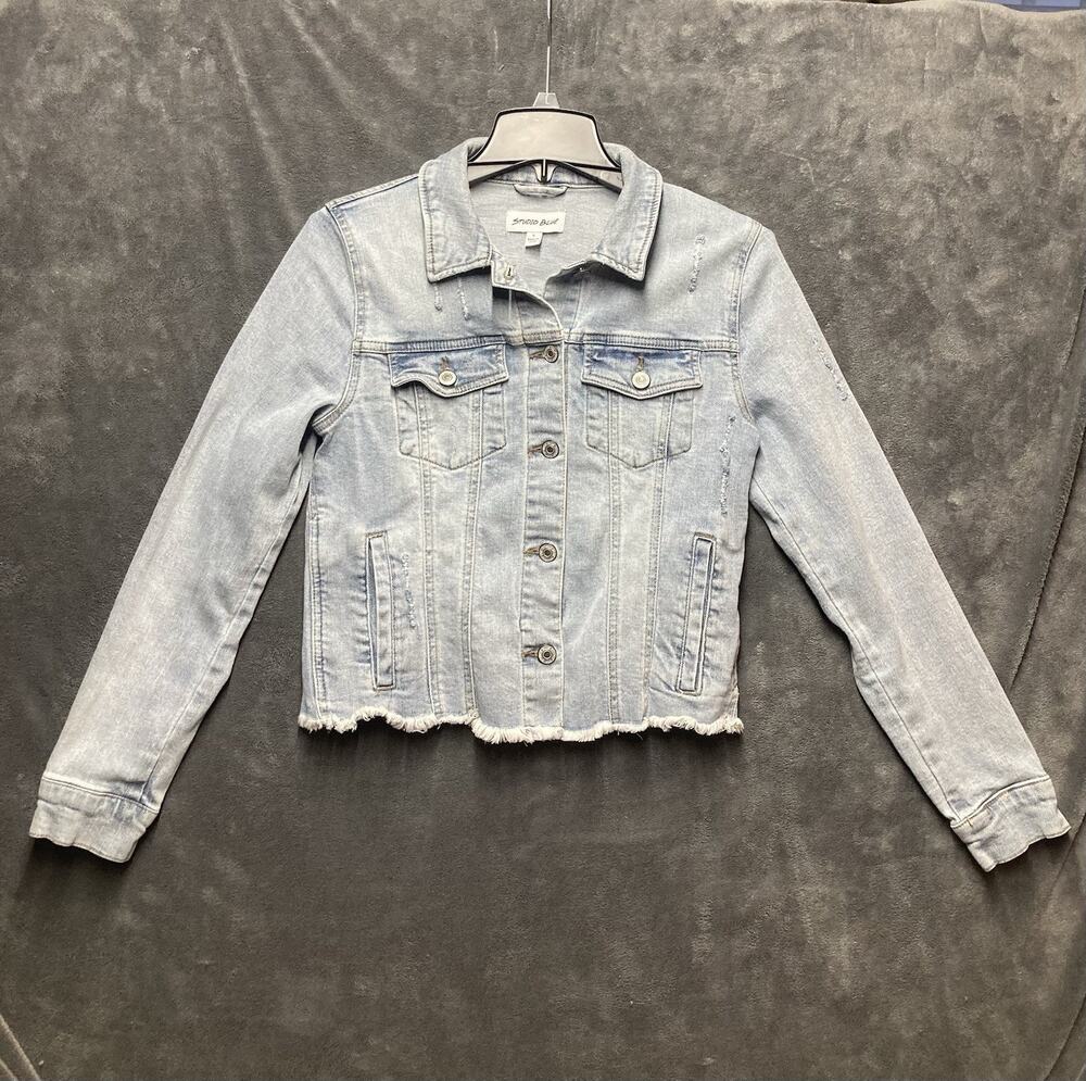 Frayed Hem Distressed Light Wash Denim Trucker Jacket Woman’s Festival Western S